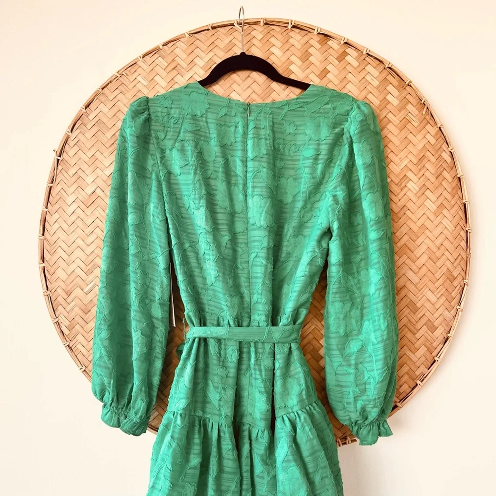 WOMEN’S NWT ELIZA-J GREEN FLORAL TEXTURE BALLOON SLEEVE A-LINE‎ DRESS TIERED HEM